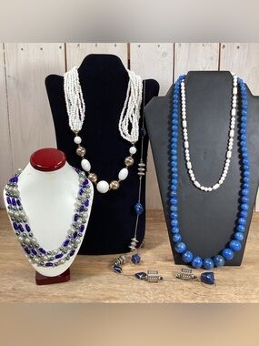 Costume Necklace Bundle Lot Blue and White, Beads, Chico, Anne Klein, Monet